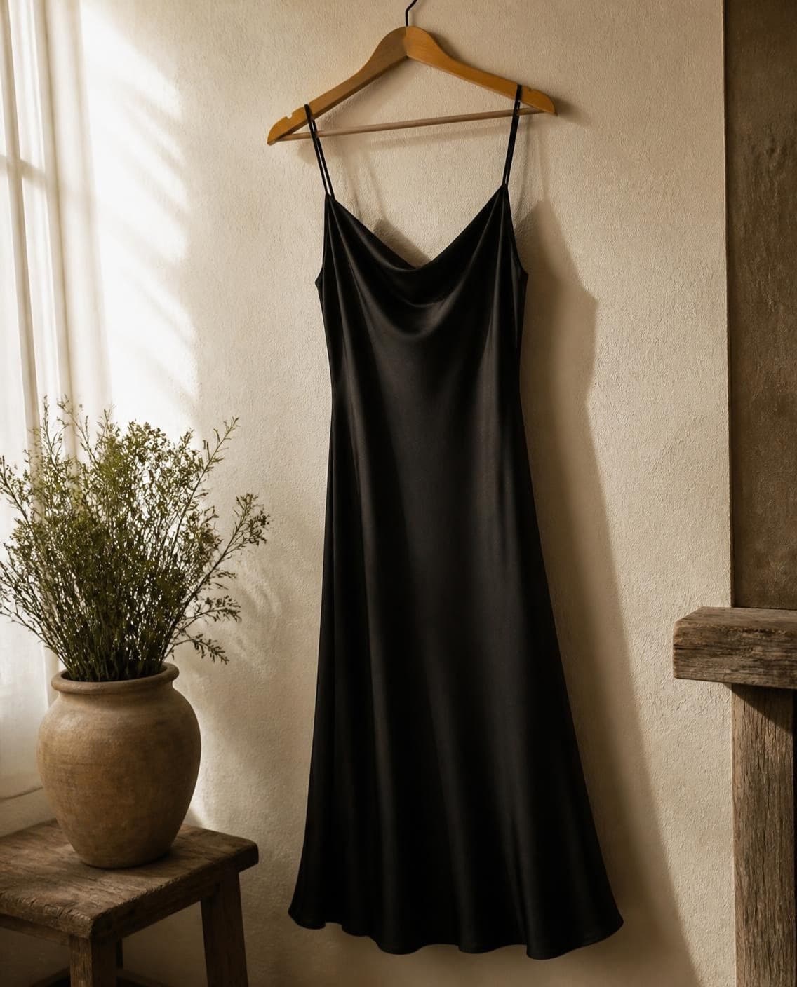 A black silk slip dress hanging on a plaster wall (a generated photo)