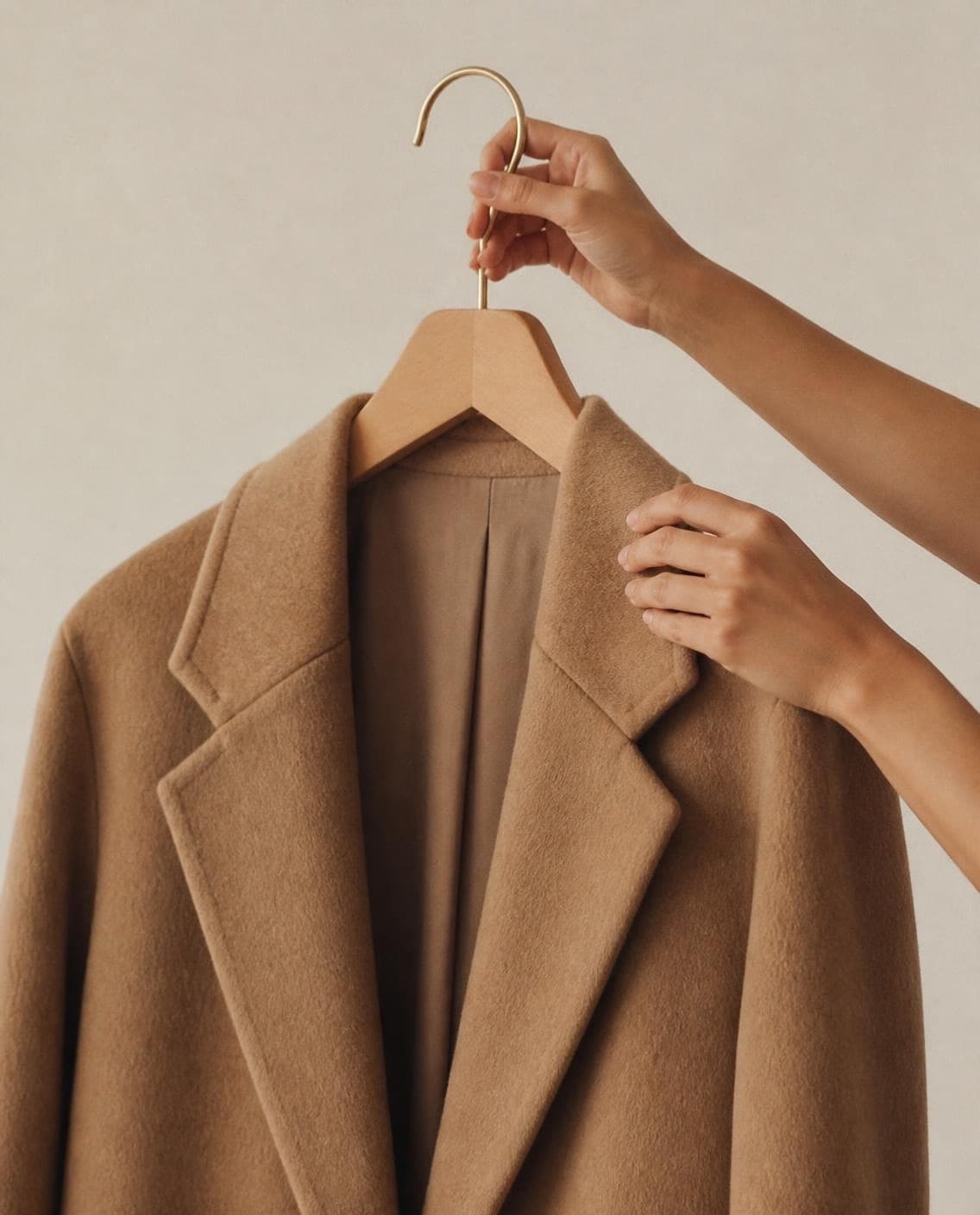 Hands holding a camel coat on a hanger (a generated photo)