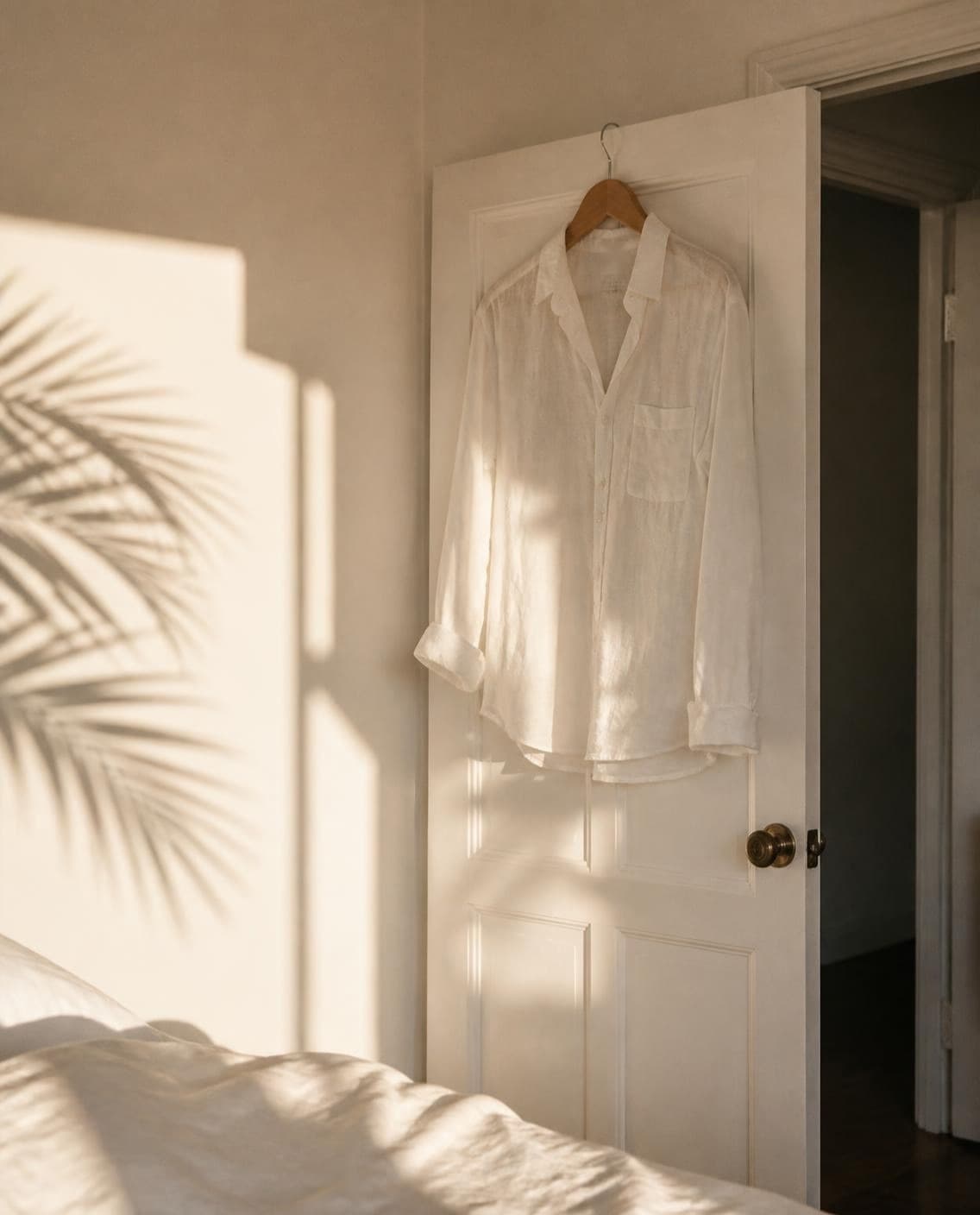 A white linen shirt hanging on a bedroom door (a generated photo)