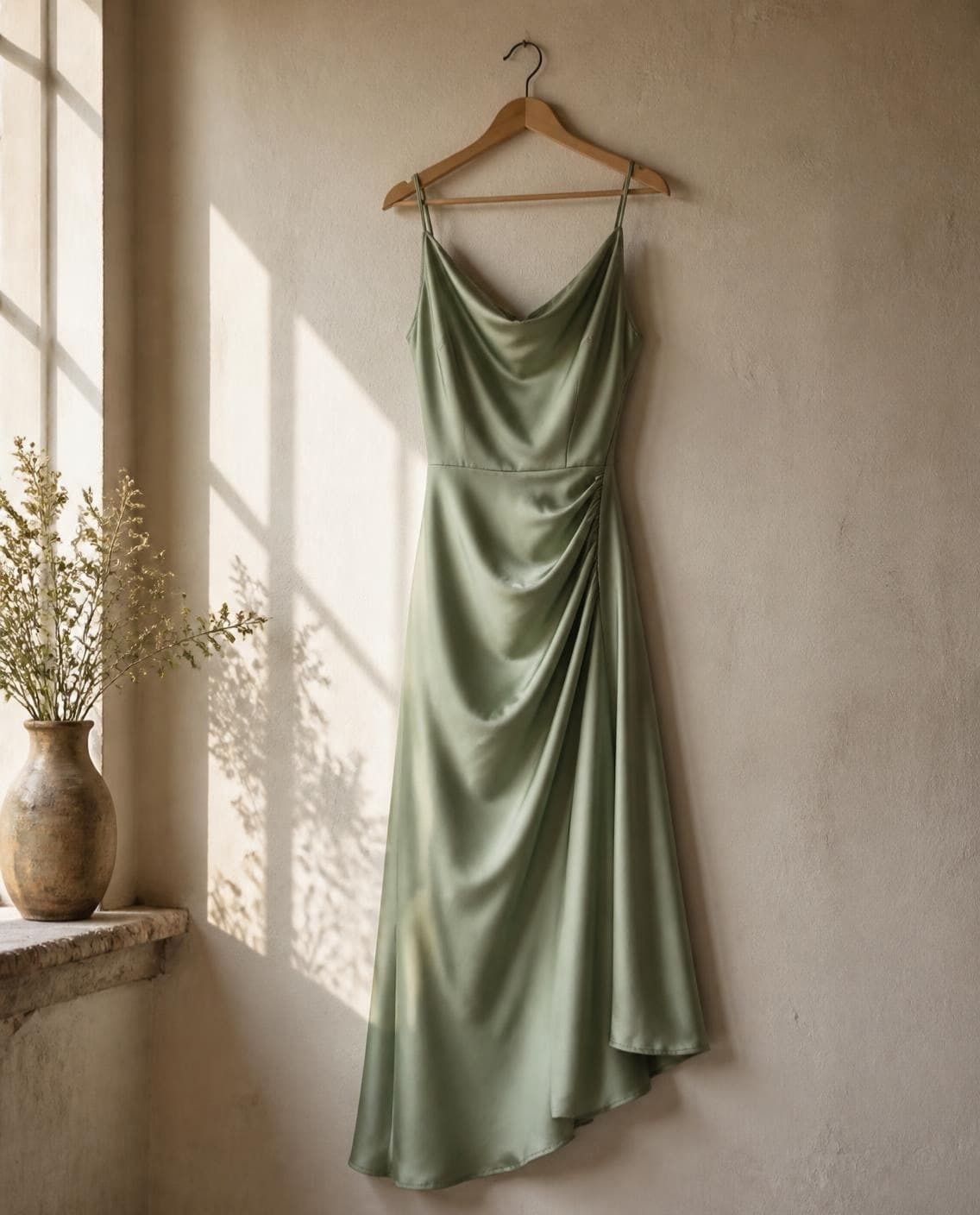 A sage satin midi dress hanging in morning light (a generated photo)