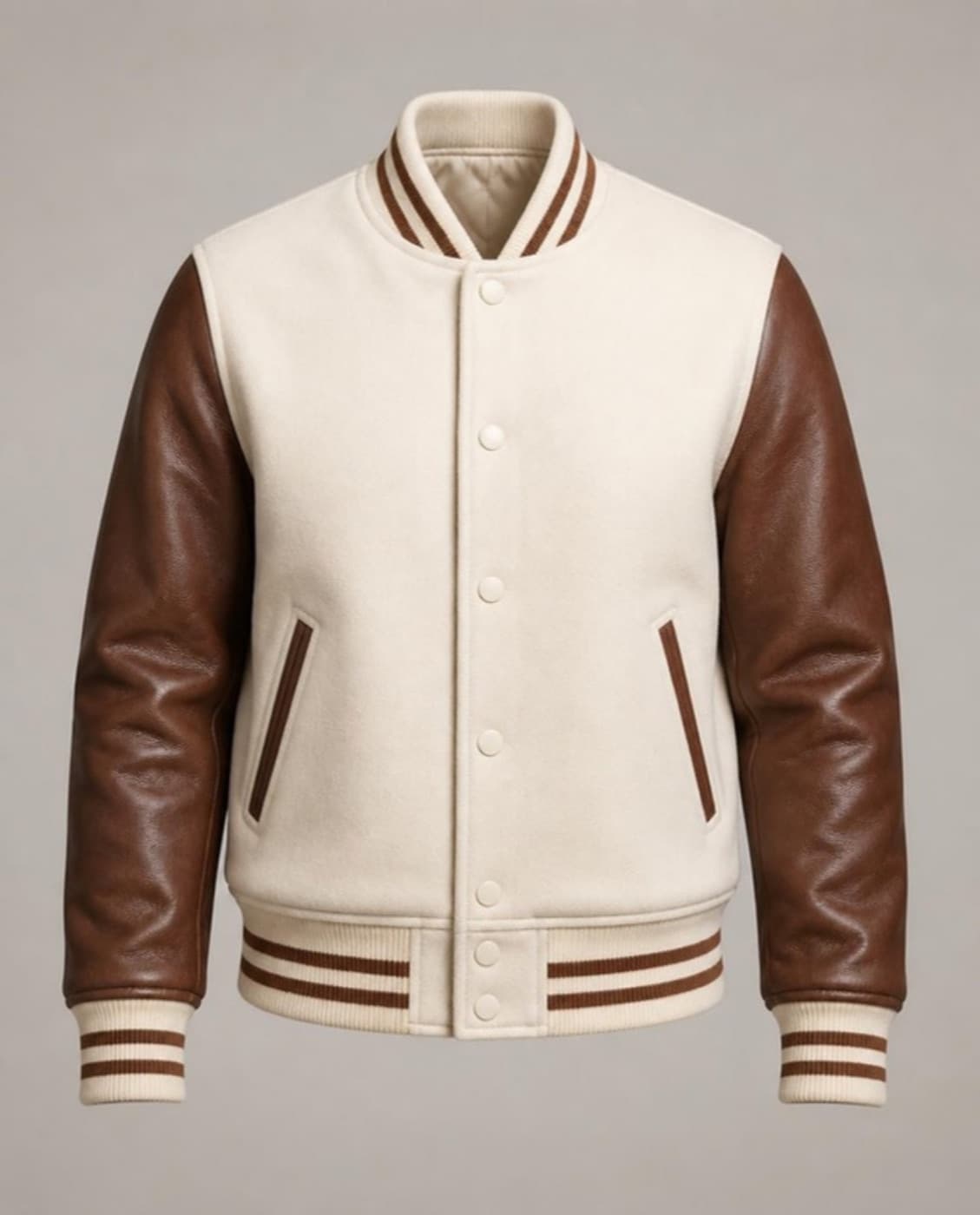 A cream and brown varsity jacket (a generated photo)