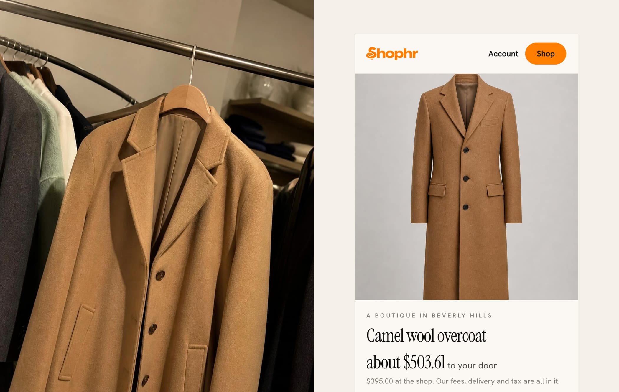 From your rack to your page: a camel coat photographed on a store's rail, beside the Shophr page built for it (an illustration, with generated photos)